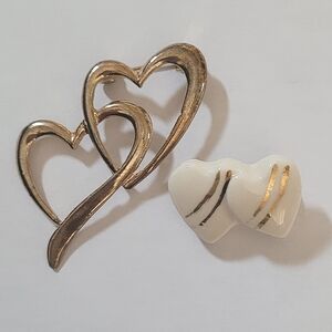 Vintage Gold‎ and White Ceramic Heart Brooches Set of 2